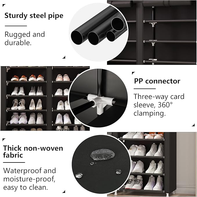 MOYIPIN Shoe Rack Storage Organizer, Double Row Portable Nonwoven Fabric Cover Shoe Rack Holds up to 28 Pairs 36.2 x 11.2 x49.2 Inches Black-NeatNest