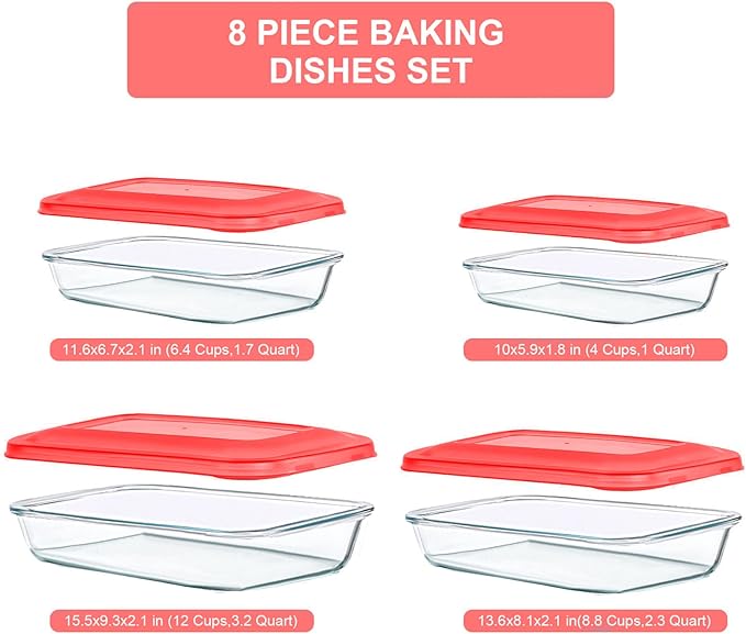 8 Pieces Glass Baking Dish with Lids Rectangular Glass Baking Pan Bakeware Set with BPA Free Lids, Baking Pans for Lasagna, Leftovers, Cooking, Kitchen, Fridge-to-Oven, Red