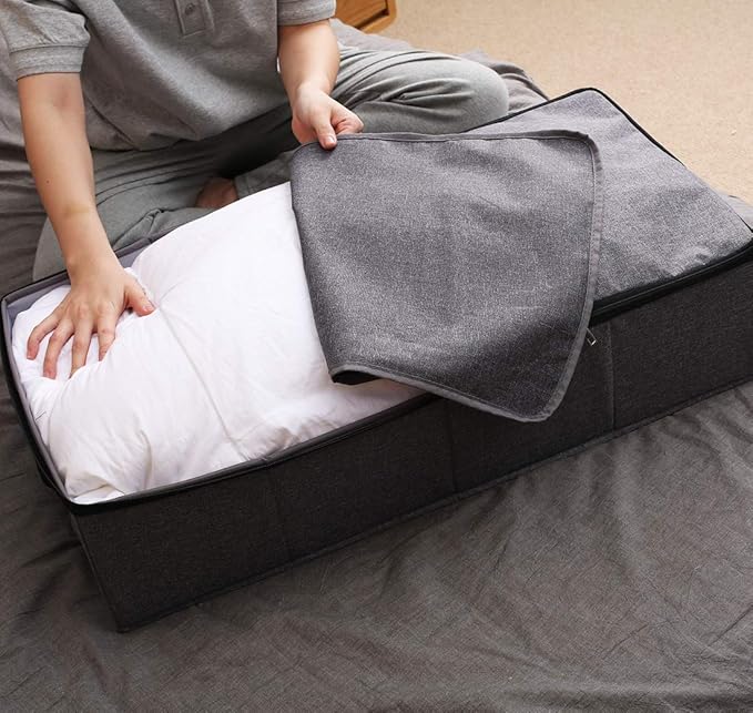 AMJ 29.5"*15"*7", Rigid Under Bed Garment Storage Bins, Folding & Washable, Soft Zip Lid, Black Gray-NeatNest