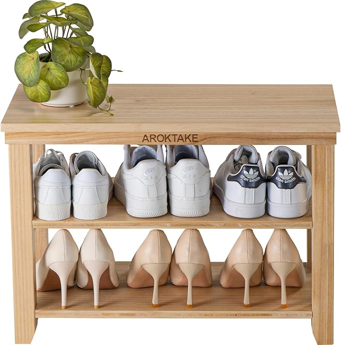 Small Shoe Rack Bench, Wooden Shoe entryway Bench, Shoe Organizer for Hallway, Living Room(Natural, 23.62”)-NeatNest