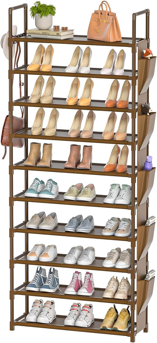Tall Shoe Rack - 10 Tier Organizer for Closet, 30-35 Pairs, Large Capacity with 5 Hooks and Side Pocket, Sturdy Metal Shoe Shelf, Vertical Shoe Stand Tower-NeatNest