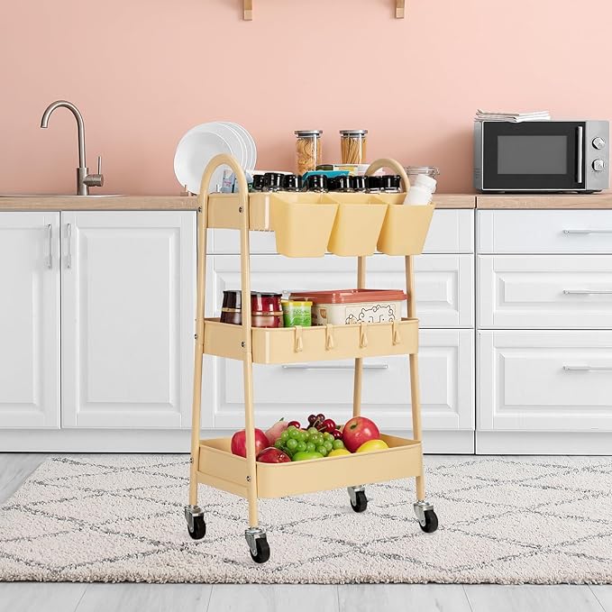 danpinera 3-Tier Rolling Cart, Metal Rolling Storage Cart with Lockable Wheels & Hanging Cups & Hooks, Mobile Trolley for Kitchen, Bathroom, Office, Workshop, Yellow-NeatNest