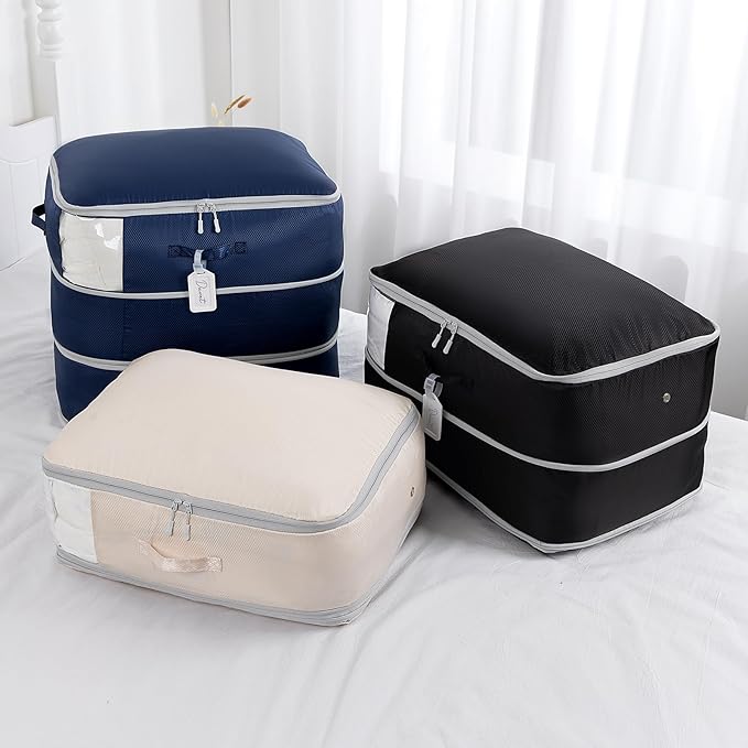 Comforter Storage Bag - Large Capacity Blanket Storage Bags 3-Layer Ultra Space Saving Self Compression Organizer, Washable Compression Bags for Storage Comforter Blanket, 6-Pack, Black-NeatNest