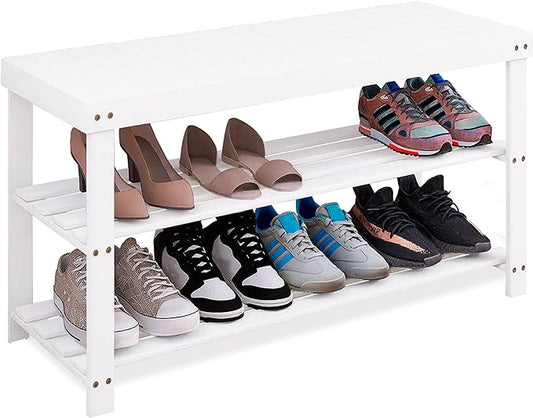 SMIBUY Bamboo Shoe Rack Bench, 3-Tier Shoe Organizer Storage Shelf for Entryway Hallway Bathroom Living Room (White)-NeatNest