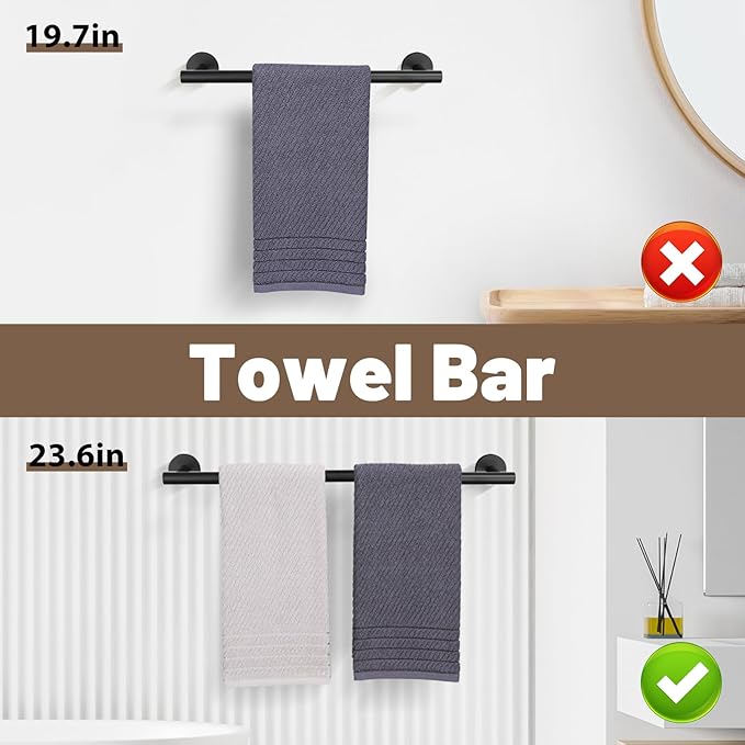 6 Pieces Matte Black Towel Bar Set Bathroom Hardware Set, 23.6Inch Towel Holder Set Towel Racks for Bathroom, SUS304 Stainless Steel Bathroom Accessory Set