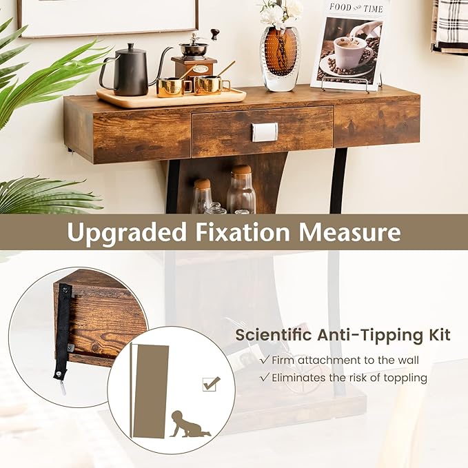 Giantex Narrow Console Table T-Shaped - Behind Couch Table with Drawer, Shelves, Dual Anti-Tipping Kits, Modern Foyer Table, Sofa Side Table for Living Room, Entryway, Hallway, Entry Table (Brown)-NeatNest