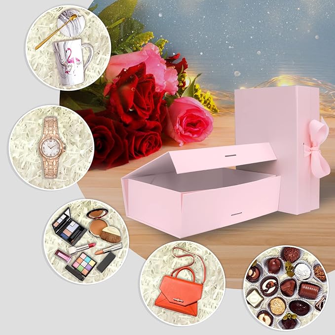 10.5"X7.5"X3.1" Pink Magnetic Gift Box with Lid and Ribbon for Presents-NeatNest