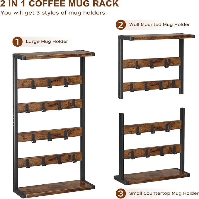 Homeiju 14-Hook Large Coffee Mug Holder for Countertop/Wall Mounted,4 Tier Coffee Cup Holder with Top & Bottom Storage Shelf,Adjustable Hook & Shelves,Mug Tree for Home Bar,Coffee Station-NeatNest