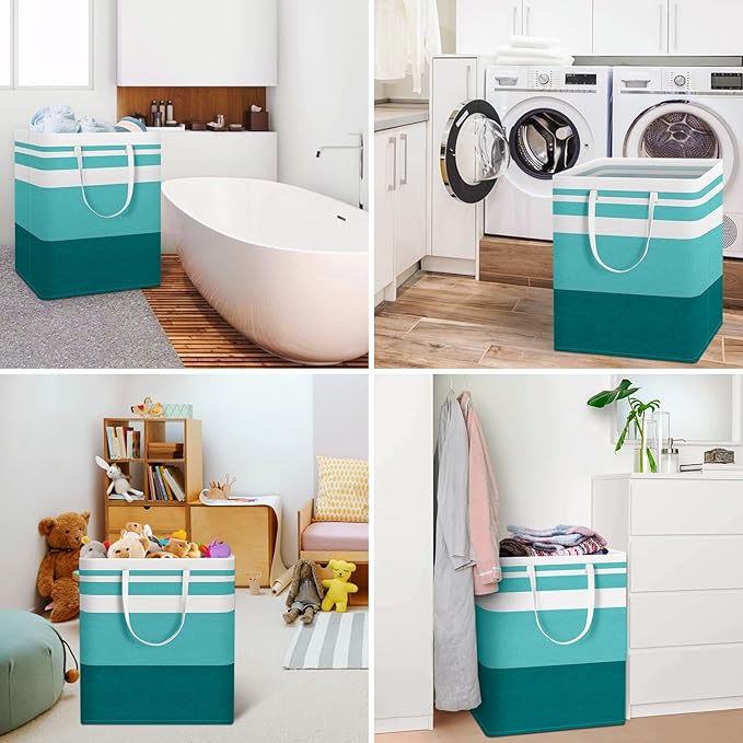HomeHacks 2-Pack Large Laundry Basket, Waterproof, Freestanding Laundry Hamper, Collapsible Tall Clothes Hamper with Extended Handles for Clothes Toys in the Dorm and Family (Green, 100L)-NeatNest