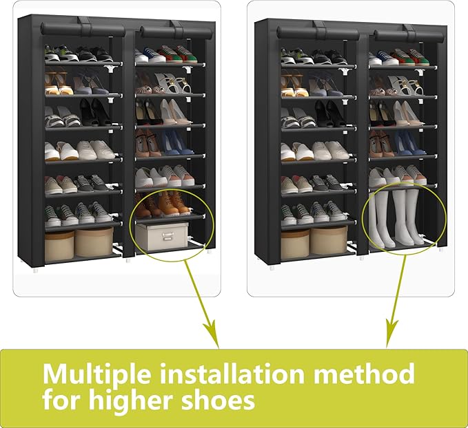 JIUYOTREE 7-Tier Shoe Storage Organizer with Dustproof Cover - Closet Cabinet Shelf Holds up to 28 Pairs - for Doorway, Corridor, Balcony, Living Room - Black-NeatNest
