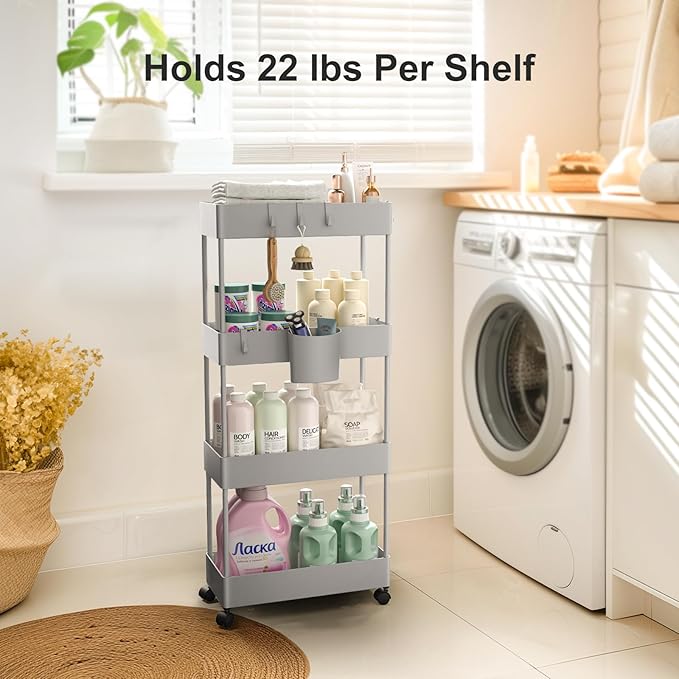 Pipishell Slim Storage Cart with Wheels, 4 Tier Bathroom Storage Organizer Rolling Utility Cart for Bathroom Kitchen Laundry Room Office Narrow Place (Gray)-NeatNest