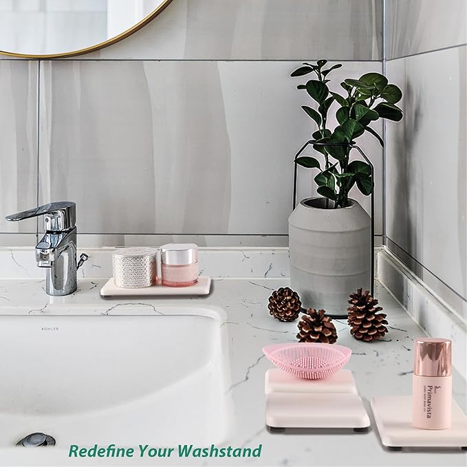 2 Pcs Water Absorbing Stone Trays, Kitchen/Bathroom Sink Soap Dish, Diatomite Tray Used for Hand Soap & Cosmetic Bottles in The Modern Home, 3.15" W x 6.3" L, White-NeatNest