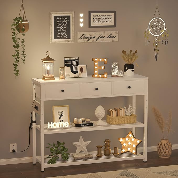 Ecoprsio 47'' Entryway Table with Outlets and USB Ports, Console Table with 3 Drawers, Sofa Table Narrow Long with Storage Shelves for Living Room, Couch, Hallway, Foyer, Kitchen Counter, White-NeatNest