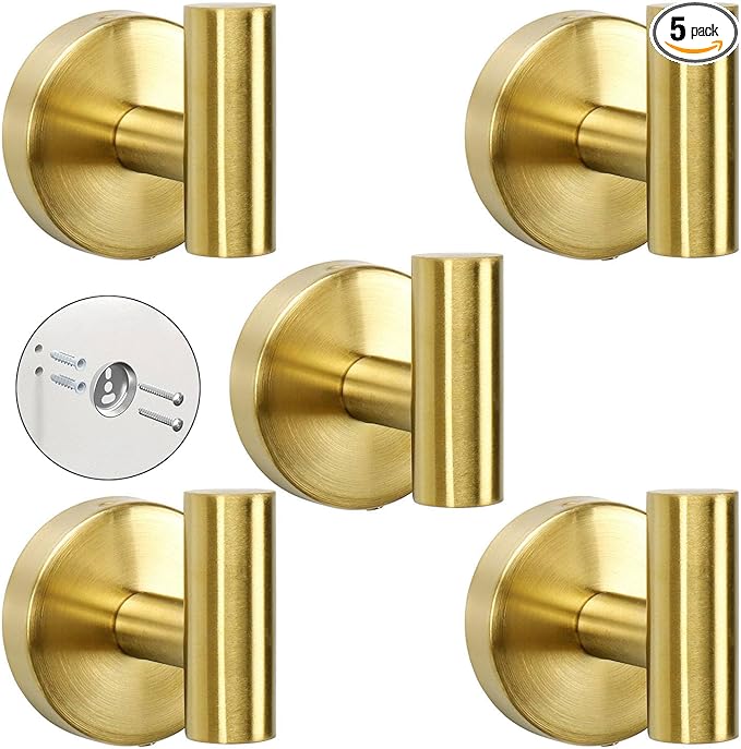 TocTen Towel Hook for Bathroom, 5 Pack Wall Mounted Robe Hook, SUS 304 Stainless Steel Coat Hook, Heavy Duty Door Hanger Towel Hook for Bathroom Kitchen Office and Cabinet(Brushed Gold, 5 Pack)