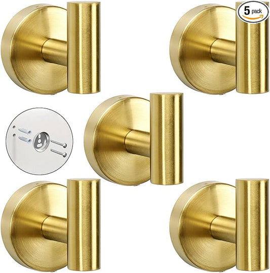 TocTen Towel Hook for Bathroom, 5 Pack Wall Mounted Robe Hook, SUS 304 Stainless Steel Coat Hook, Heavy Duty Door Hanger Towel Hook for Bathroom Kitchen Office and Cabinet(Brushed Gold, 5 Pack)