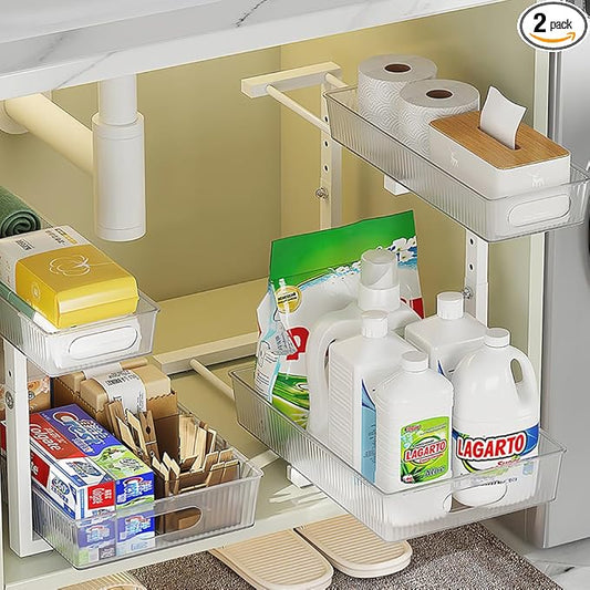 2 Pack Under Sink Organizer, Pull Out Cabinet Organizer 2 Tier Slide Out, Under Sink Organizers and Storage Height Adjustable for Kitchen Bathroom Cabinet, Metal-NeatNest