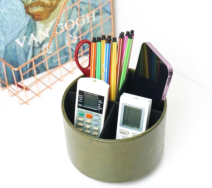 Hennaja Round Leather Art Supply Organizer,Remote Control Holder,360 Degree Spinning,Multi-Functional Pencil Holder,4 Compartments Desktop Stationary Organizer(1-Oil Green)-NeatNest