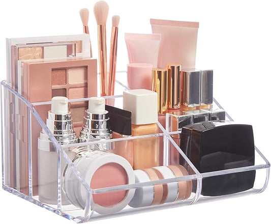 STORi Clear Plastic Vanity Makeup Organizer | 6-Compartment Holder for Brushes, Eyeshadow Palettes, & Beauty Supplies | Curved Front Design | Made in USA-NeatNest