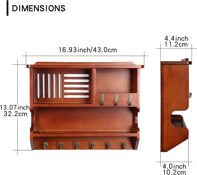 Key Holder for Wall, Mail and Key Holder for Home Decor, Key and Mail Holder for Wall with Key Hooks, Auburn