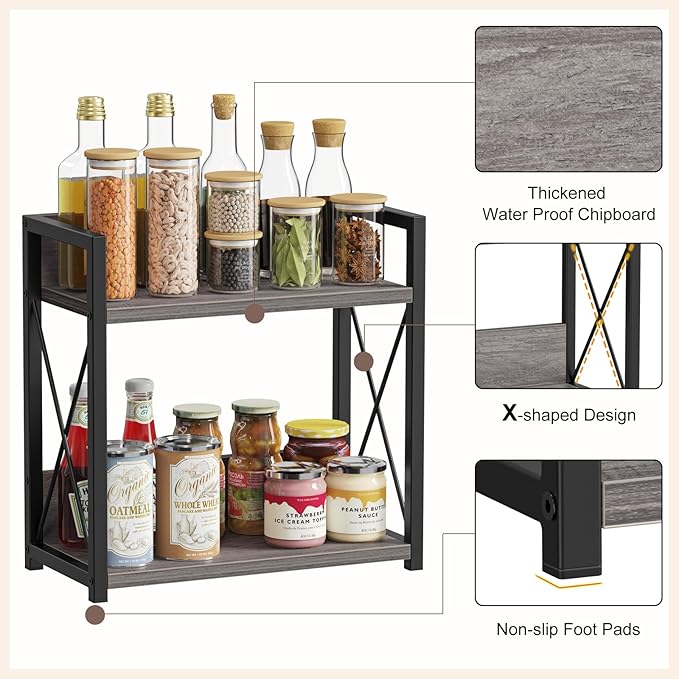 Giikin Coffee Bar Accessories, 2 Tier Spice Rack for Counter, Gray Kitchen Countertop Organizer (Grey, L)-NeatNest