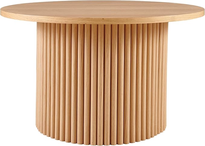 27.56" Round Accent Side Table with Wood Strip Base for Living Room, Farmhouse End Table Engineered Wood Desktop Solid Oak Wood Veneer Furnish, Modern Nightstand Table for Bedroom