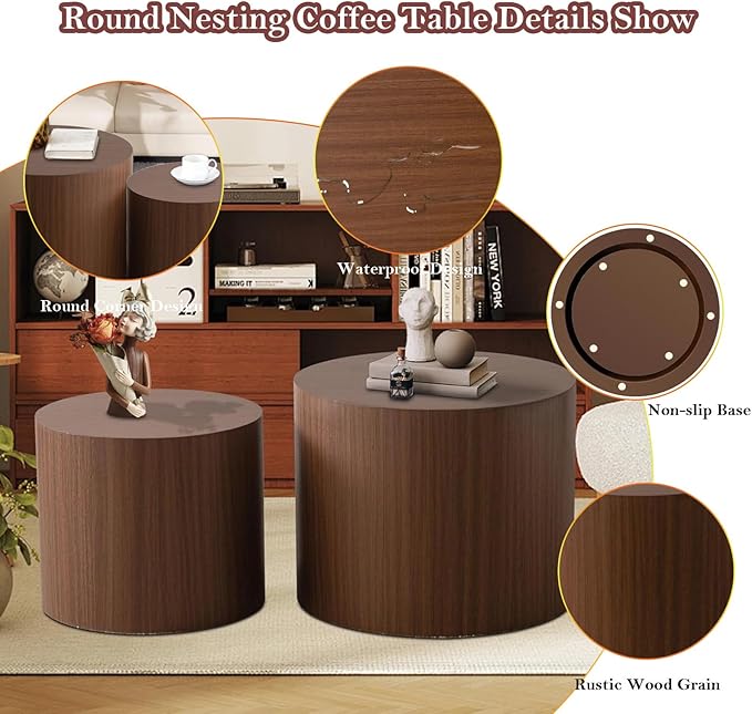 Stylish Nesting Coffee Table Set of 2, Elegant Chic Round Wooden Center Table - Smooth Finish & Easy to Clean, No Assemble Needed (G)
