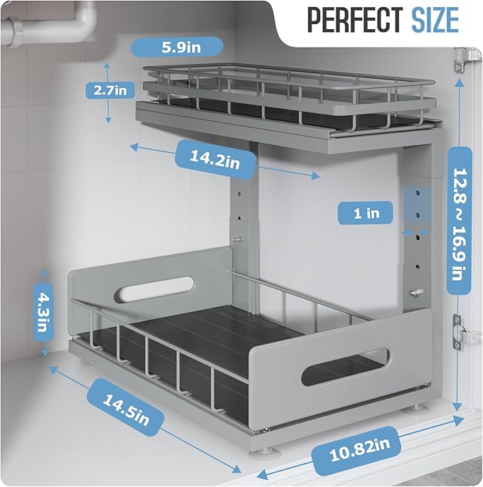 1 Pack Under Sink Organizer Upgrade to Professional Rails,2-Tier Dual Pull Out Cabinet Storage,Height Adjustable Slide Out Drawers for Bathroom Kitchen,Under Sink Shelf-Gun Gray-NeatNest
