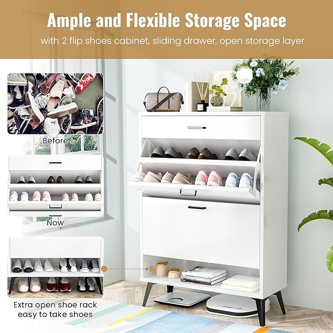 AWQM Shoe Storage Cabinet for Entryway, Free Standing Shoe Organizer with 2 Flip Drawers,Hidden Shoe Rack Storage Organizer for Doorway Hallway (White)-NeatNest