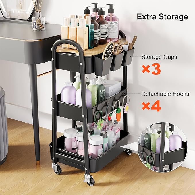 3 Tier Metal Rolling Cart with Wheels and Wooden Table Top, Three Tiered Craft Cart Organizer on Wheels, Black Storage Utility Carts for Art, Diaper Caddy, Baby Nursery, Office, Laundry, Snack, Book