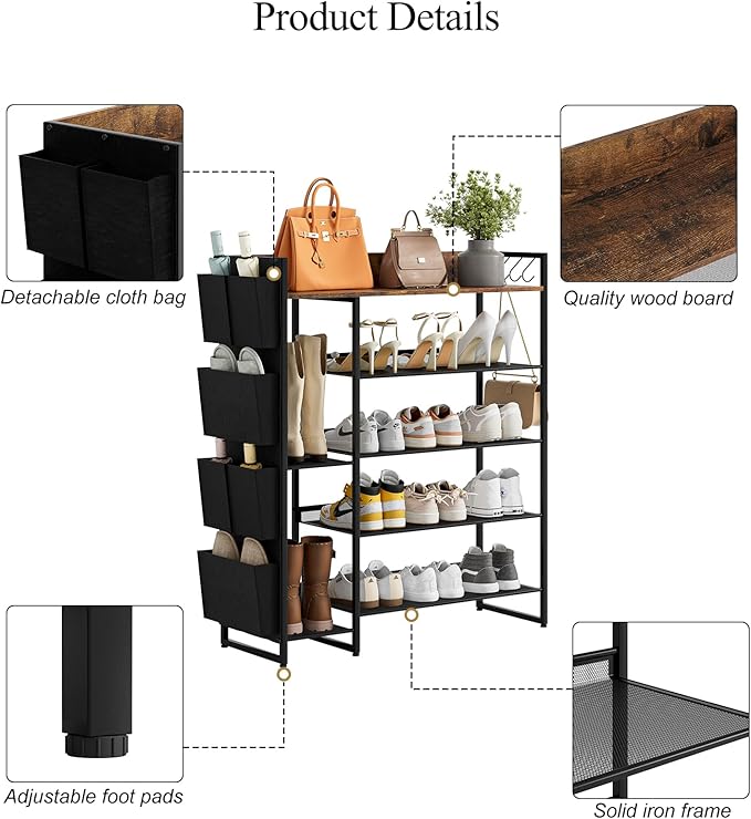Brown 5-Tier Shoe Organizer - Free Standing Shoe Rack with Storage Bag for High Heels, Entryway, Hallways, Closets, Dormitory Rooms-NeatNest