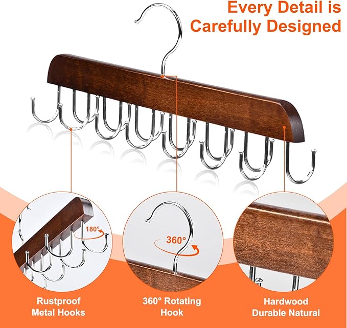 Bra and Tank Top Closet Organizer Hangers, 2-Pack with 14 Hooks, Foldable Wooden Space-Saving Hanger, 360° Rotating Closet Organizer for Bras, Tank Tops, Scarves, and More (Brown)-NeatNest
