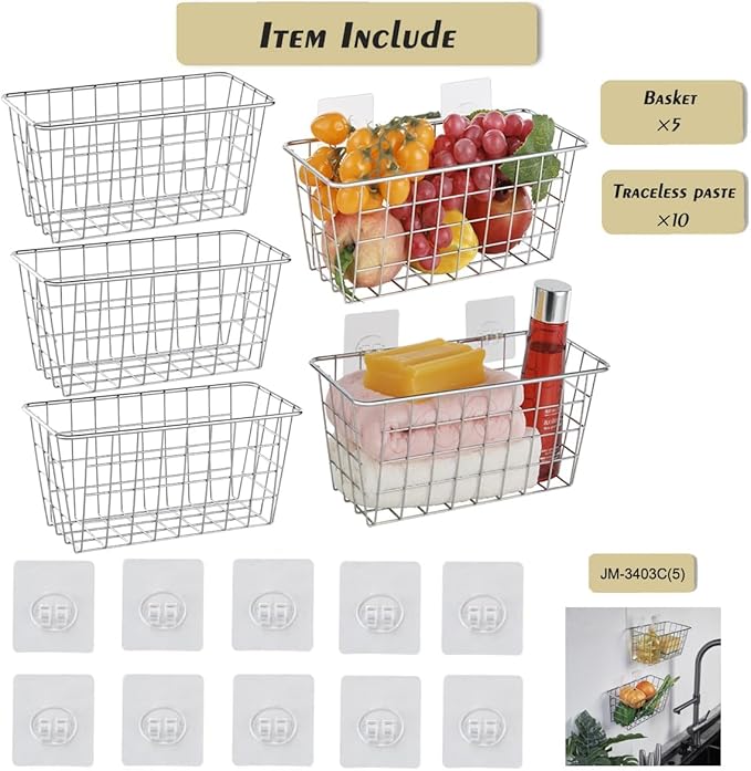 5 Pack Hanging Storage Basket, Bathroom Basket, Household Goods, with Traceless Tape, no Drilling, for Cabinet Storage, Kitchen, Bathroom, Storage Room,Chrome