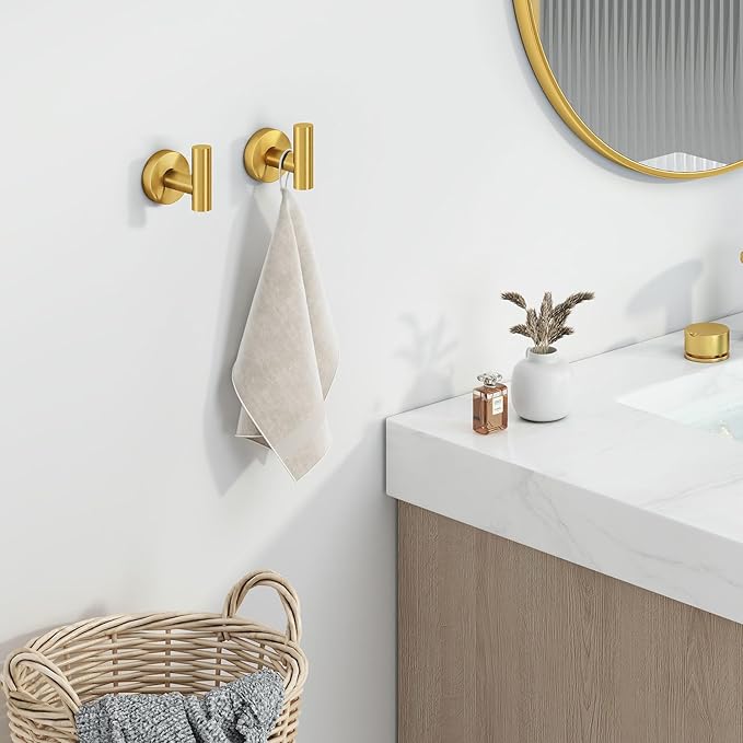 Angle Simple Bathroom Towel Hook 2 PCS, SUS304 Stainless Steel Bath Towel Robe Coat Holder, Heavy Duty Wall Hook, Brushed Gold