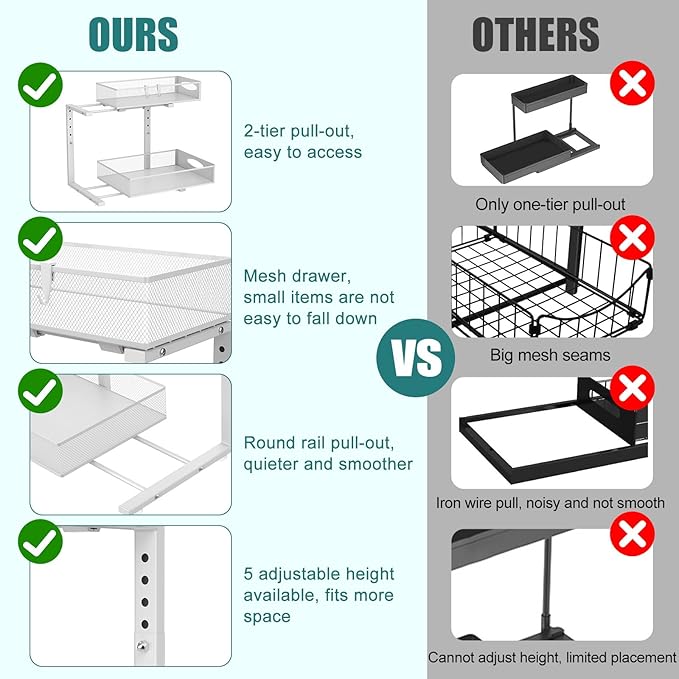 1 Pack Large Under Sink Organizer, 2 Tier Metal Pull Out Under Sink Storage with Sliding Mesh Drawers, Height Adjustable Slide Out Under Cabinet Organizer for Kitchen Bathroom, White-NeatNest