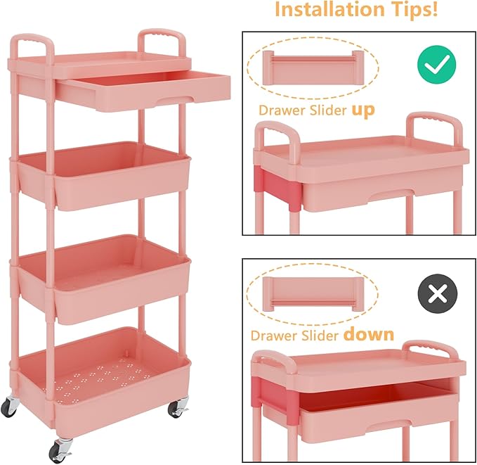Calmootey 4-Tier Rolling Utility Cart with Drawer,Multifunctional Storage Organizer with Plastic Shelf & Metal Wheel,Storage Cart for Kitchen,Bathroom,Living Room,Office,Pink-NeatNest