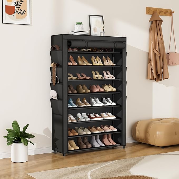 Shoe Rack with Cover, 8 Tier Tall Shoe Organizer Storage for 36-45 Pair Shoes and Boots Large Shoe Storage Shelf Free Standing Shoe Rack for Closet, Front Door Entrance, Dorm, Garage-NeatNest