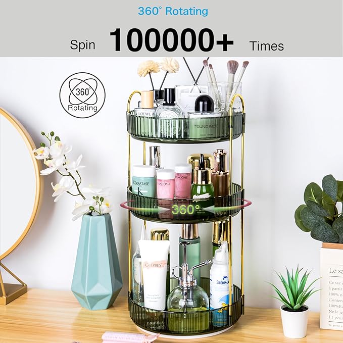 360 Rotating Makeup Organizer - Large Capacity Spinning Perfume & Cosmetic Skincare Holder for Vanity & Countertop (Gem Green, 3 Tier)-NeatNest