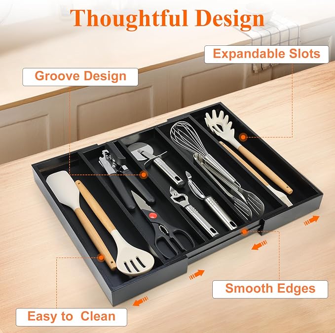 Expandable Large Kitchen Utensil Drawer Organizer Storage Black Bamboo Silverware Organizers Tray Divider Adjustable Spoon Flatware Organizer Wood Cutlery Tray Cooking Utensils Tool Holder Drawer-NeatNest