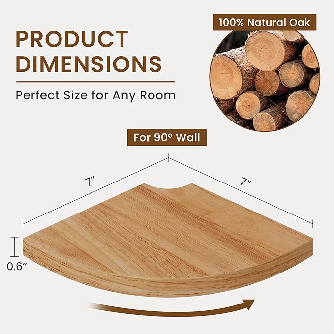 Fun Memories Corner Shelf Wall Mount, Solid Oak Wood Floating Corner Shelves with Cable Hole, 7in Rustic Design for Bedroom, Bathroom, Kitchen, Living Room (Natural, 1 Pack)-NeatNest