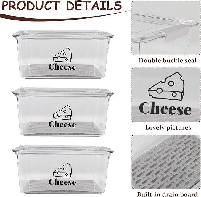 3 Pack Cheese Container Airtight with Draining Basket Cream Block Cheese Sliced Cheeses Box with Lid Saver for Fridge Deli Meat Storage Box,Cheeses Sliced,Grated,Cheddar Keeper