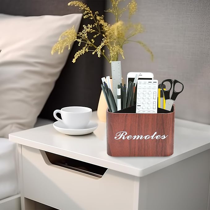 Hennaja Square Leather Art Supply Organizer,Remote Control Holder with Removable Dividers,360°Rotatable Pencil Holders,4 Compartments Organizer for Office Supplies Storage Box(1-Light Brown)-NeatNest