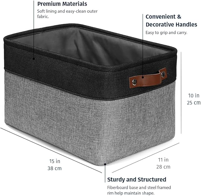 OrganiHaus Large Fabric Storage Baskets for Shelves 3 Pack | 15x11in Closet Storage Bins for Shelves | Clothes Storage Bins for Organizing | Linen Closet Organizers | Fabric Basket, Gray/Black-NeatNest