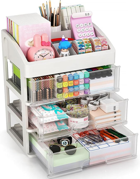 Desk Organizer with Drawers, 3 Drawers Storage Organizer, Desktop Storage Drawers for Office/School Supplies, Plastic Stationary Makeup Organizer, Desk Storage Box for Office, School, Home-NeatNest