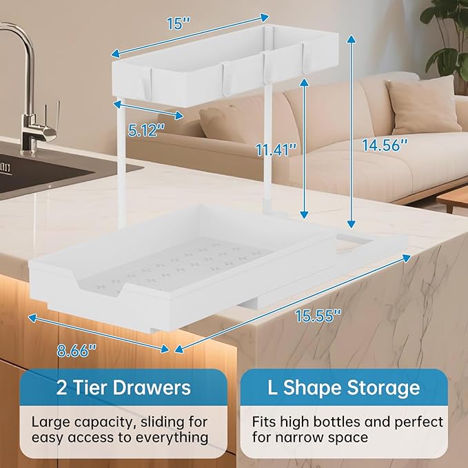 2-Tier Under Sink Organizers and Storage 2 Pack Sliding L-shape Under Cabinet Organizers For Narrow Space Multi-purpose Sink Organizer for Bathroom Kitchen Drawer(White 2 Pack)-NeatNest