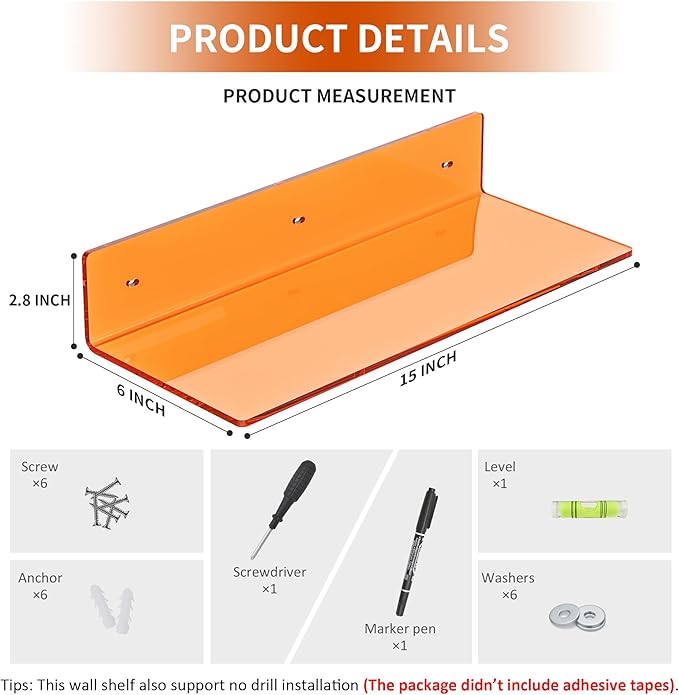 15 Inches Orange Acrylic Wall Shelves 2 Pack, L Shape Floating Shelf, Perspex Wall Mounted Shelves for Wall Décor, Moel Car, Candle, Calendar, Towel, Tissue-NeatNest