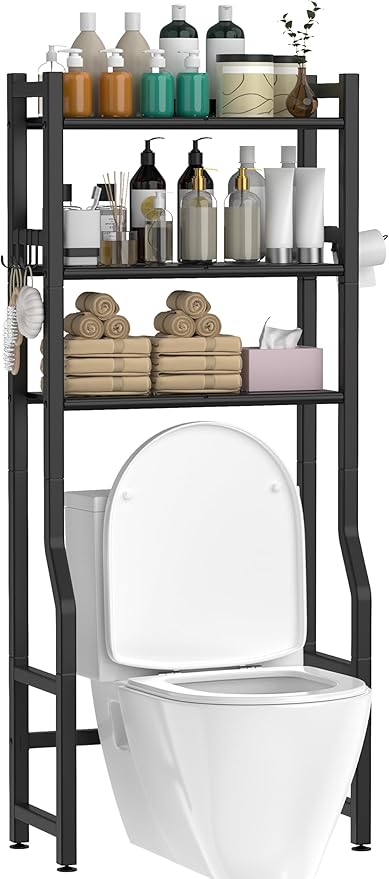 3 Tier Over The Toilet Storage Rack with Toilet Paper Holder, Metal Freestanding Bathroom Shelves with 4 Hooks, Over Toilet Storage Shelf for Bathroom Storage, Black-NeatNest