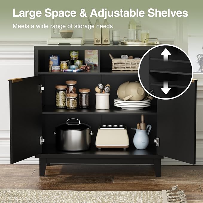 Buffet Cabinet with Storage - Elegant Fluted Storage Cabinet with Adjustable Shelves and Solid Wood Leg, Modern Buffet Sideboard for Living Room, Dining Room, Entryway-NeatNest