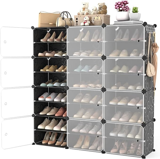 Portable Shoe Rack Organizer with Door, 48 Pairs Shoe Storage Cabinet Easy Assembly, Plastic Adjustable Shoe Organizer Stackable Detachable Free Standing Shoe Rack DIY Expandable 8 Tier Black-NeatNest