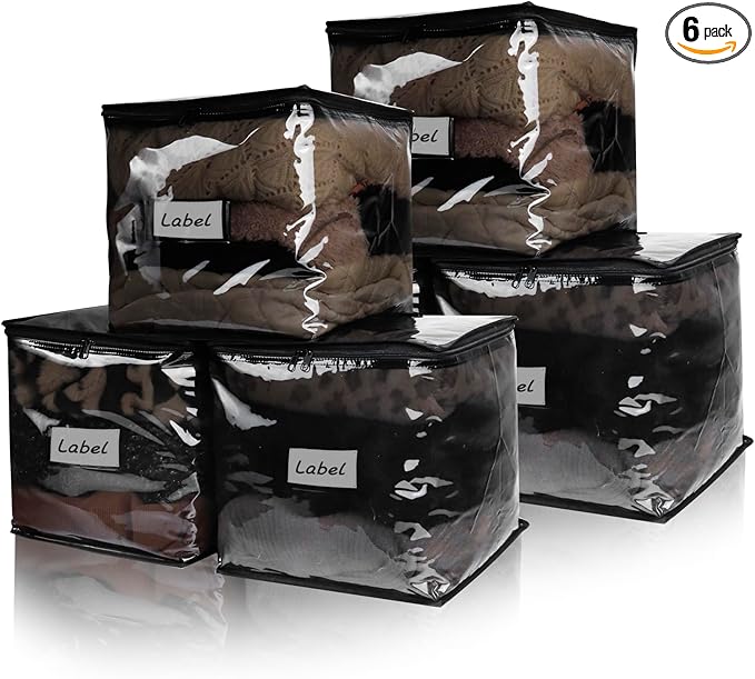 Clear Zippered Storage Bags Plastic Sweater Storage Bags with Zipper 6 Packs Clothing Organizer for Blankets Linen Sweater Bed Sheet Quilt Clothes Pillow (12 x 12 x 12 Inch, Black)-NeatNest