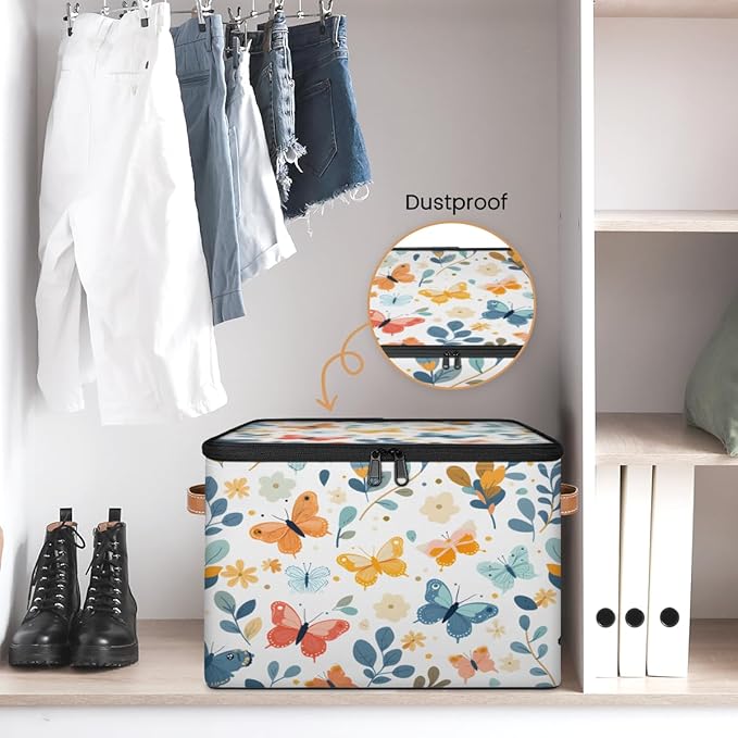 Butterfly Storage Bins with Zipper Lid, Boho Floral Lidded Storage Baskets Boxes Foldable Organizer with Leather Handles for Clothes Closet Shelf Toys-NeatNest